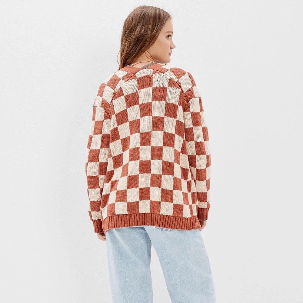AE Checker Cardigan in Burnt Orange and Cream Size Medium Cotton Blend - Picture 2 of 10